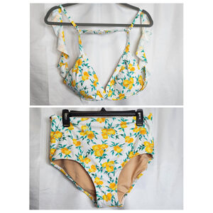 J. Crew Matching 2 Piece Swim Set Bikini Floral Ruffle Shoulder & High Waisted